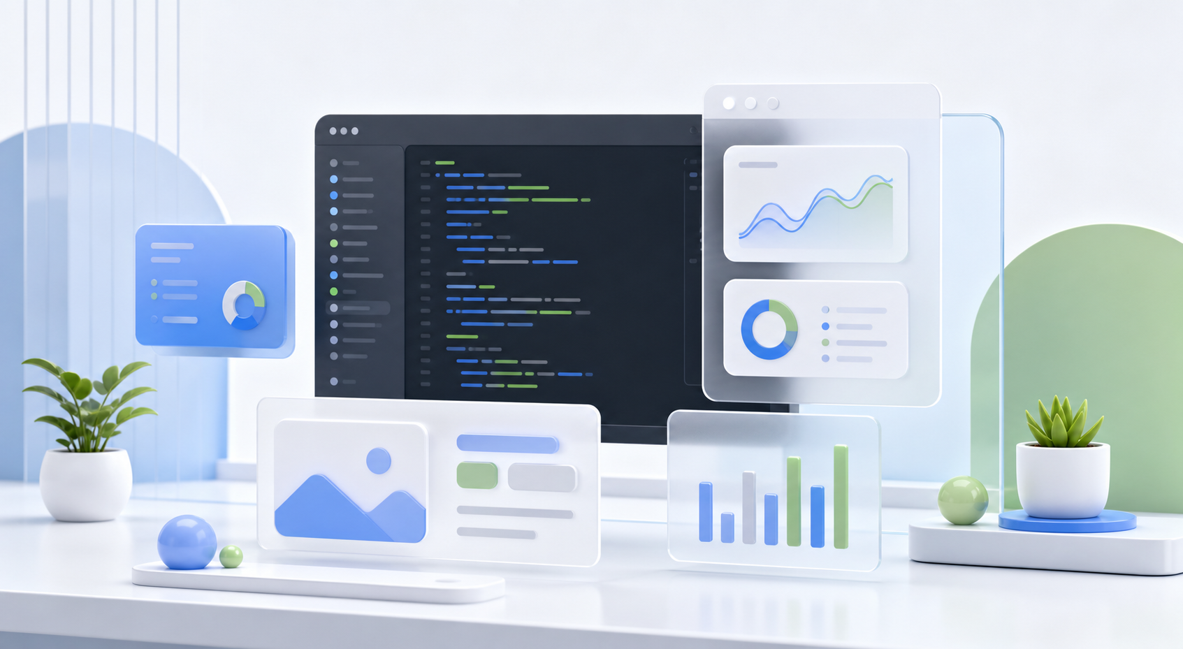 Workspace digital modern dengan panel kode dan analytics